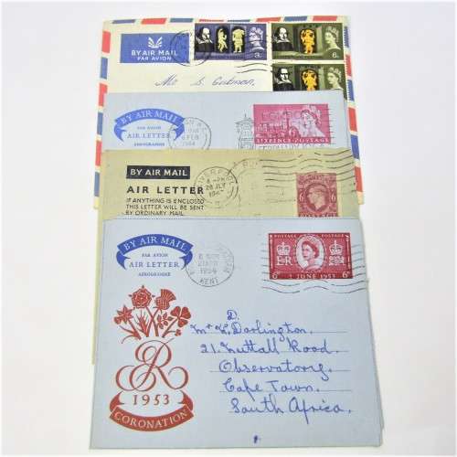 Lot of four Used postal envelopes from England to South Africa
