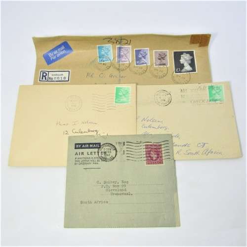 Lot of four Used postal envelopes from England to South Africa