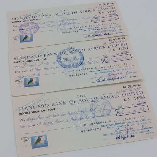 Lot of 20 Standard Bank 1968 cheques - All uprated with 1/2 cent stamp