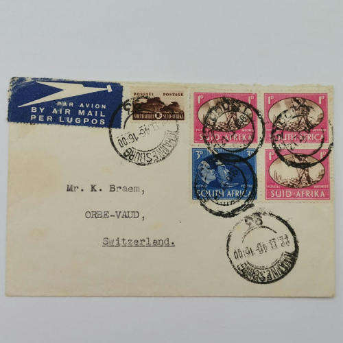 Airmail cover Johannesburg, South Africa to Orbe-Vaud, Switzerland - See descripiton