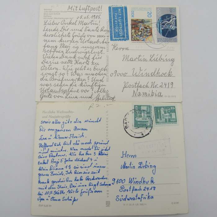 Lot of 44 Vintage postcards posted from the DDR to South West Africa / Namibia - unusual lot