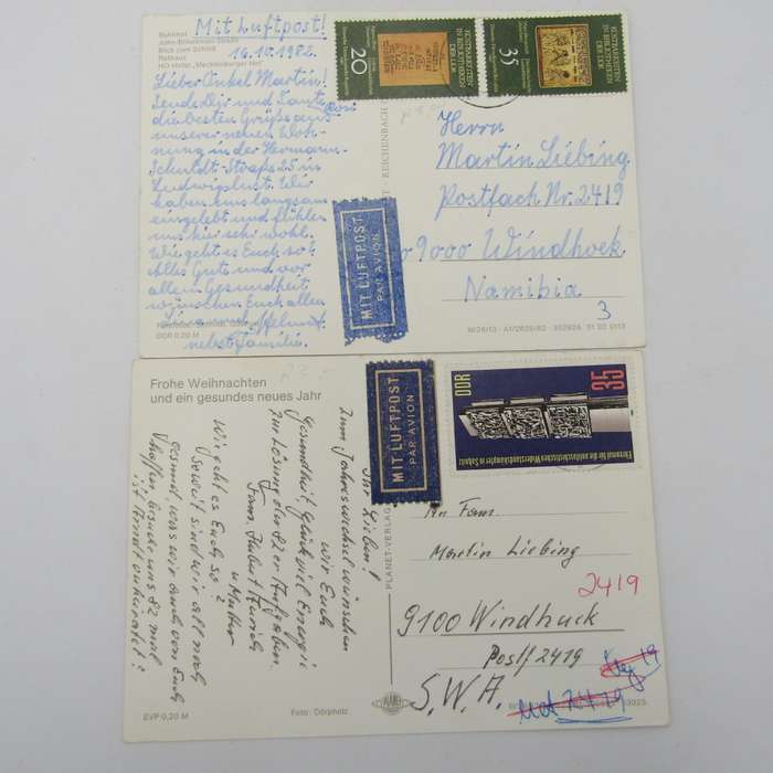 Lot of 44 Vintage postcards posted from the DDR to South West Africa / Namibia - unusual lot