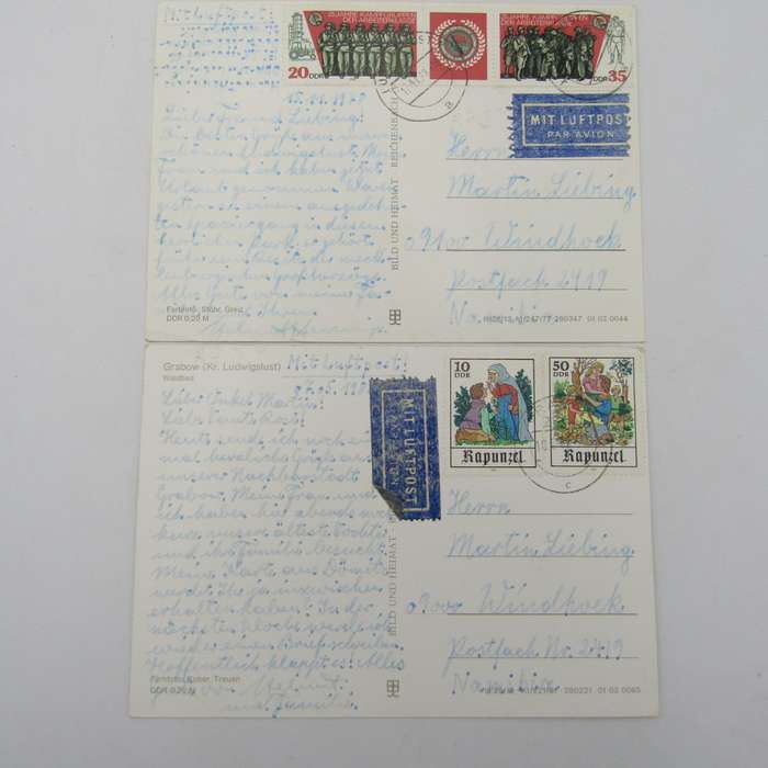 Lot of 44 Vintage postcards posted from the DDR to South West Africa / Namibia - unusual lot