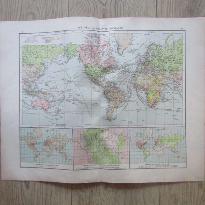 1901 Map of the World on A2 with colonial and world traffic - Scaled 1 : 90 000 000