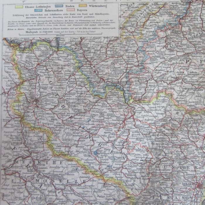1901 Map of German states Baden, Wurttemberg etc on A2 - Scaled 1 : 750 000