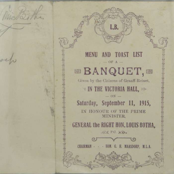 Graaff-Reinett Banquet Menu and toast list in Honour of General Louis Botha