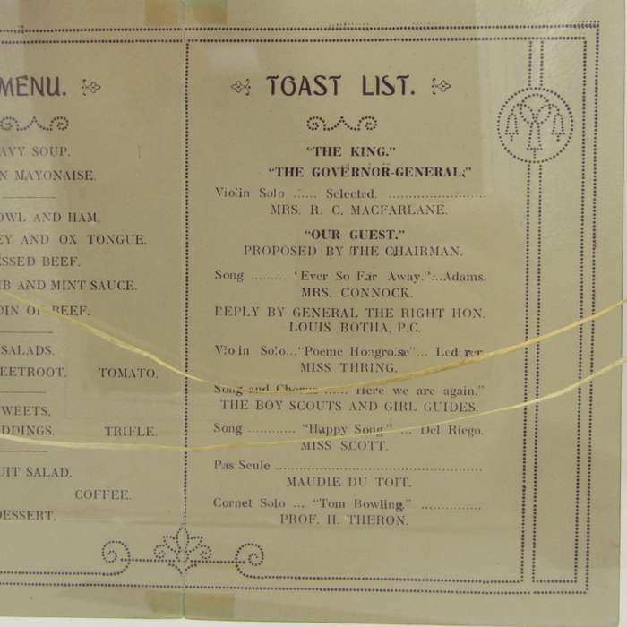 Graaff-Reinett Banquet Menu and toast list in Honour of General Louis Botha