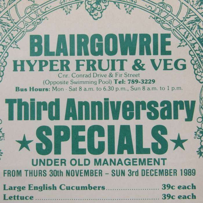 1989 Blairgowrie Randburg Hyper Fruit & Veg Advert - Flowers 99c a bunch