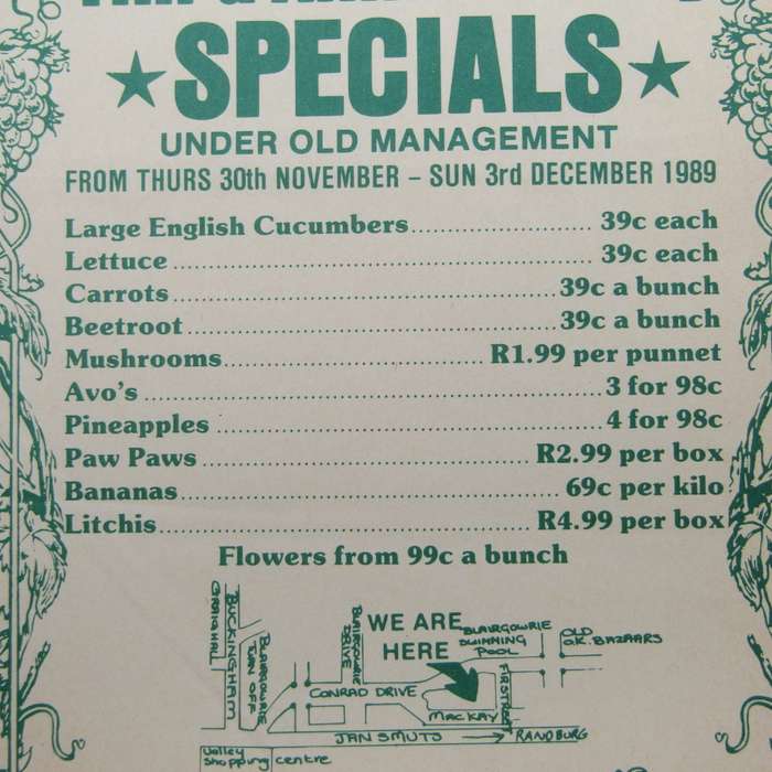 1989 Blairgowrie Randburg Hyper Fruit & Veg Advert - Flowers 99c a bunch