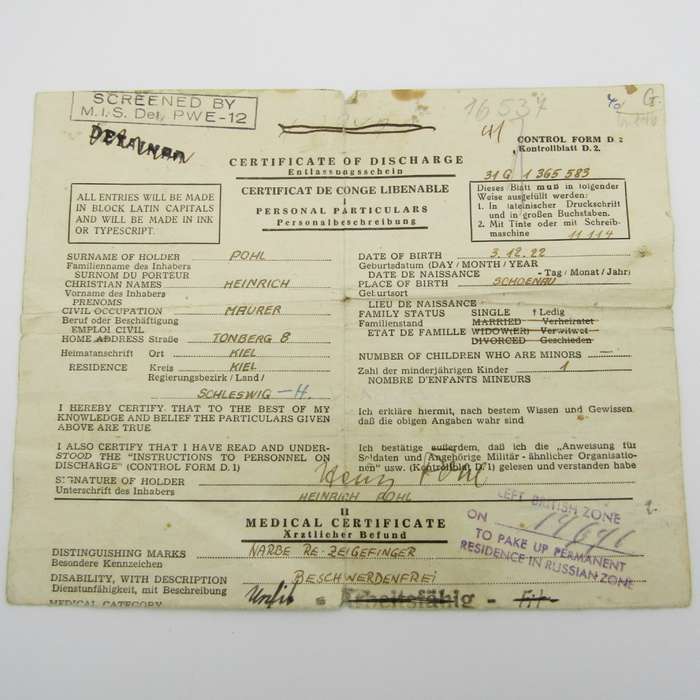 1946 Post WW2 Discharge paper - for Heinrich Pohl