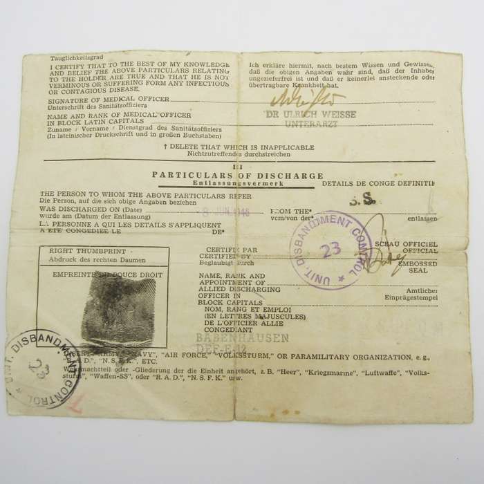 1946 Post WW2 Discharge paper - for Heinrich Pohl