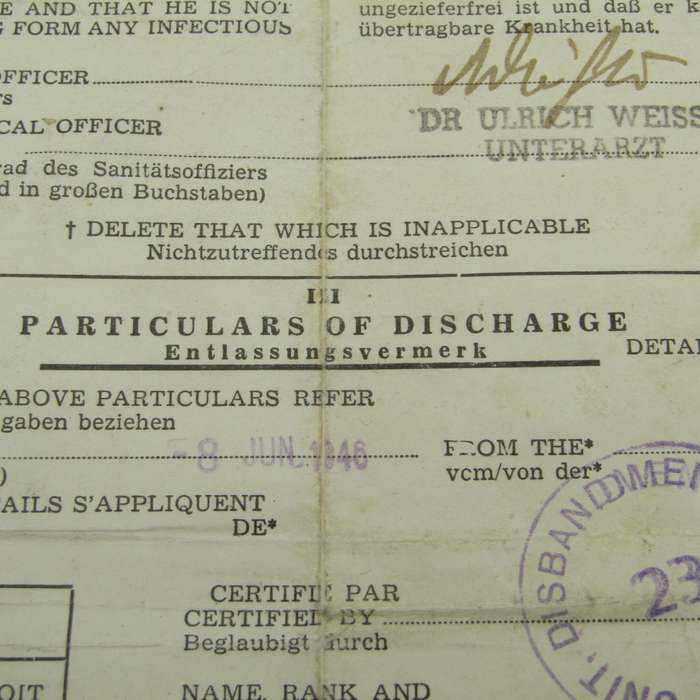 1946 Post WW2 Discharge paper - for Heinrich Pohl