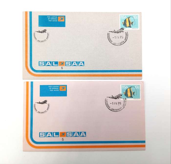 Pair of SAA flight covers no 5 - one on blue paper envelope and one on pink paper envelope