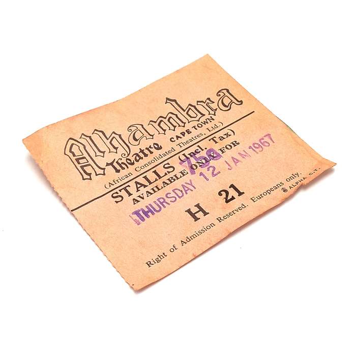 AIhambra Theatre Cape Town 1967 apartheid Europeans only ticket