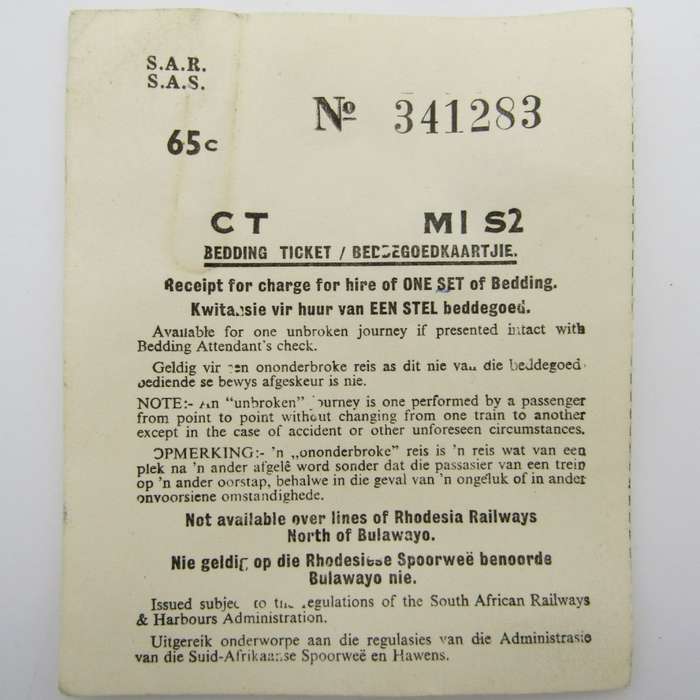 Lot of SA Railways ticket and bedding tickets of Lieutenant PG Cilliers