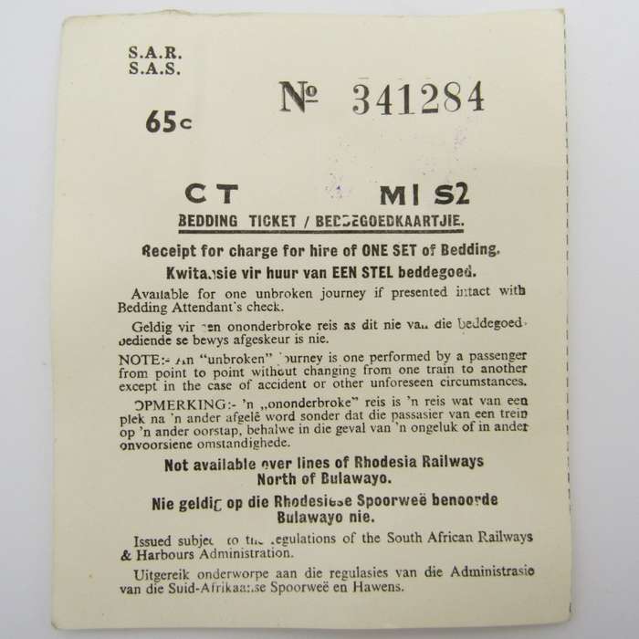 Lot of SA Railways ticket and bedding tickets of Lieutenant PG Cilliers