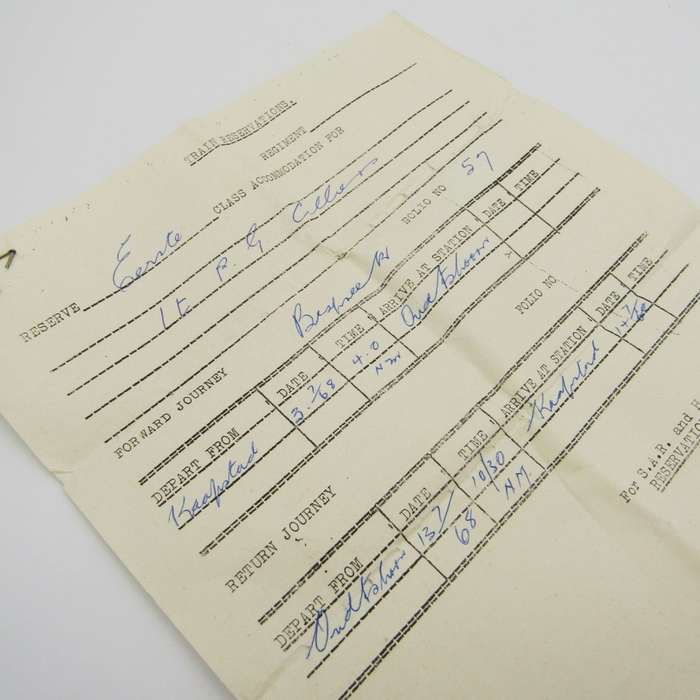 Lot of SA Railways ticket and bedding tickets of Lieutenant PG Cilliers