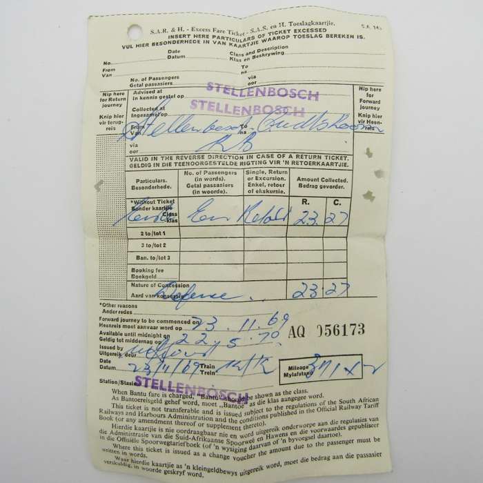 Lot of SA Railways ticket and bedding tickets of Lieutenant PG Cilliers