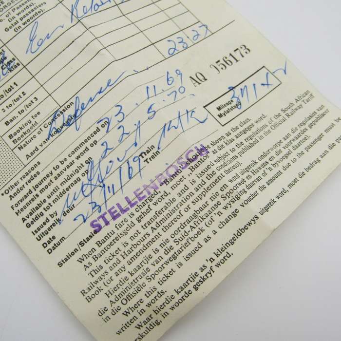 Lot of SA Railways ticket and bedding tickets of Lieutenant PG Cilliers