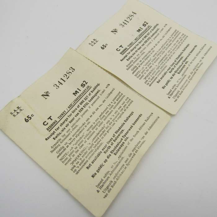 Lot of SA Railways ticket and bedding tickets of Lieutenant PG Cilliers