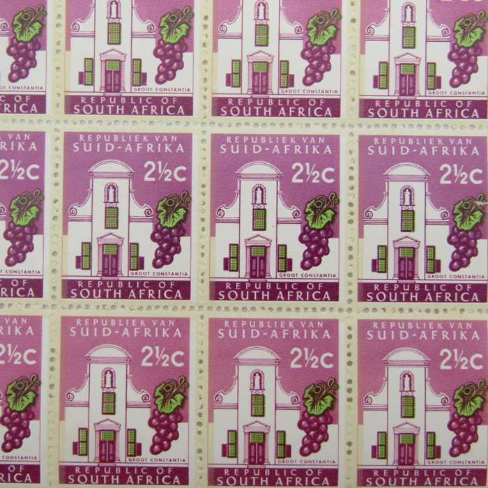 South Africa 2 1/2 Groot Constania stamps block of 20 with top row darker shade plus other variables