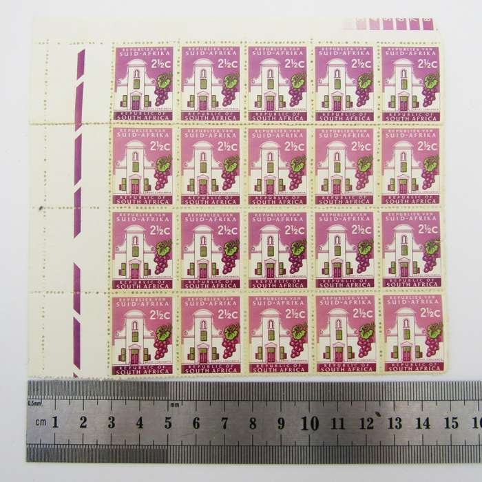 South Africa 2 1/2 Groot Constania stamps block of 20 with top row darker shade plus other variables