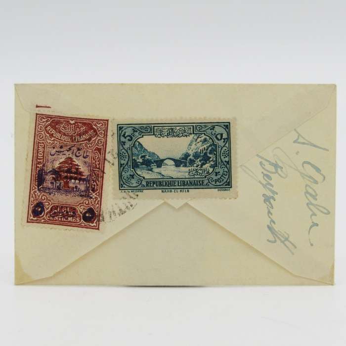 Small cover Lebanon to Cape Town with 2 cancelled Lebanese stamps on the back 1940