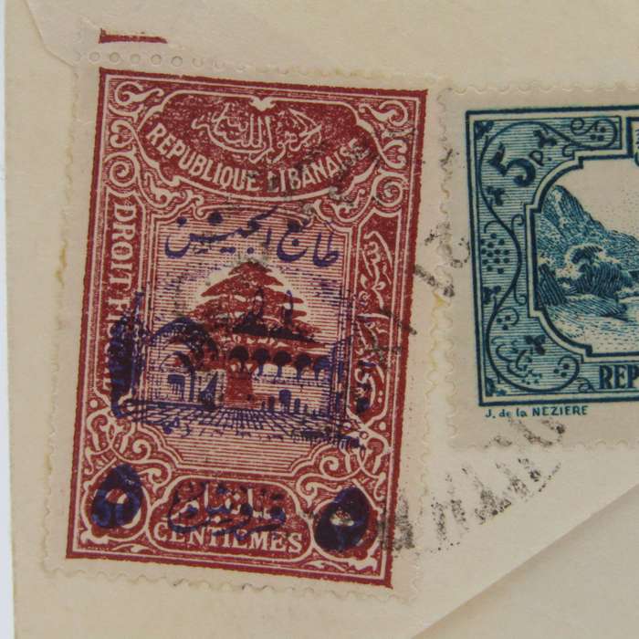 Small cover Lebanon to Cape Town with 2 cancelled Lebanese stamps on the back 1940