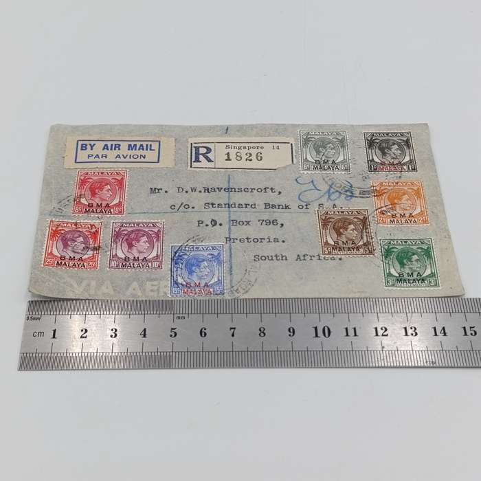 Registered Singapore cover Malaya to Pretoria with 9 different BMA Malaya overstamped