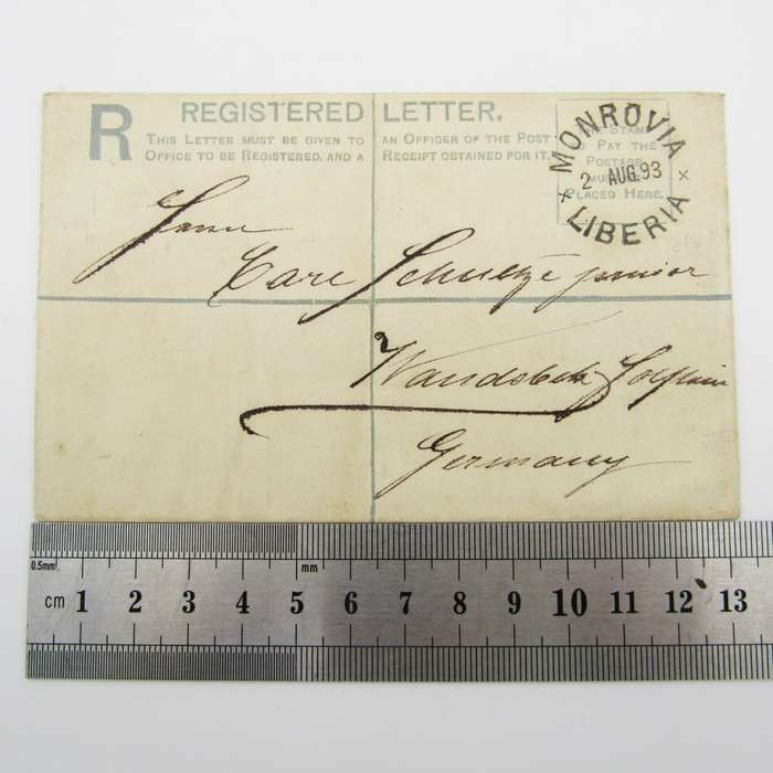 Registered letter from Monrovia , Liberia with 10 cents registration printing on the back