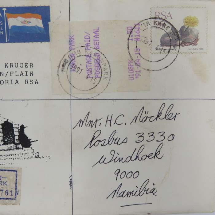 Registered letter airmail from Karenpark, South Africa to Windhoek, Namibia on Paul Kruger Plein sta