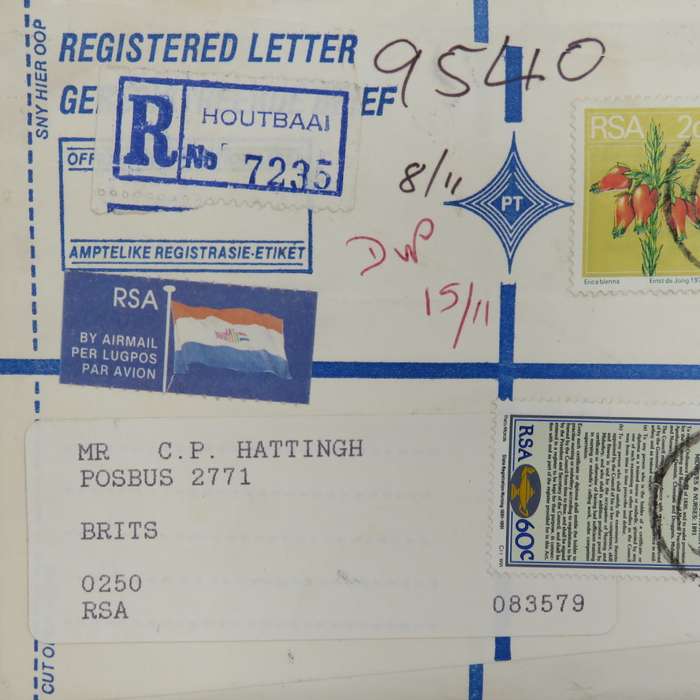 Preprinted registered letter sent from Houtbaai to Brits - South Africa 1973 & 1991 stamps used