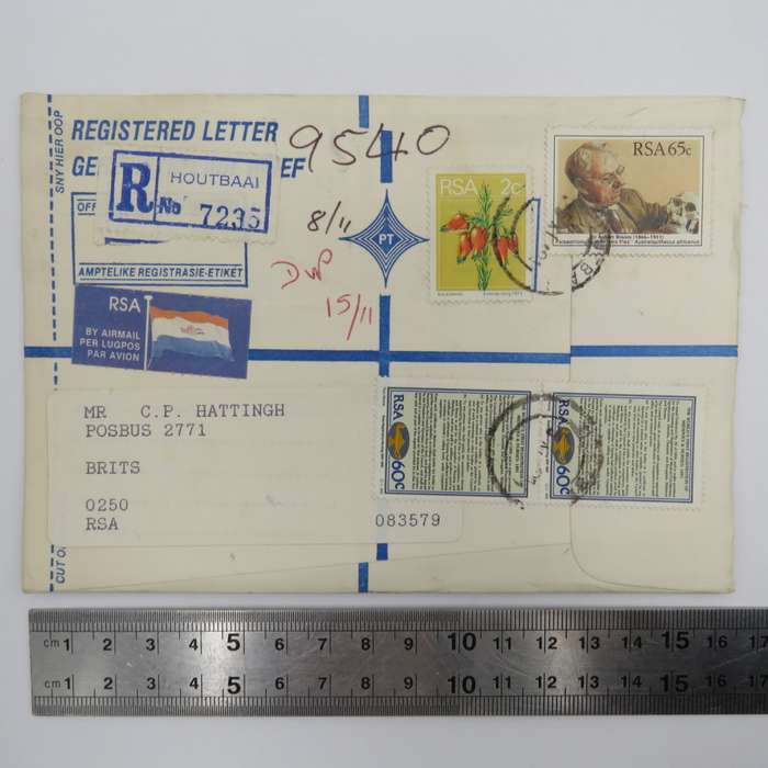 Preprinted registered letter sent from Houtbaai to Brits - South Africa 1973 & 1991 stamps used