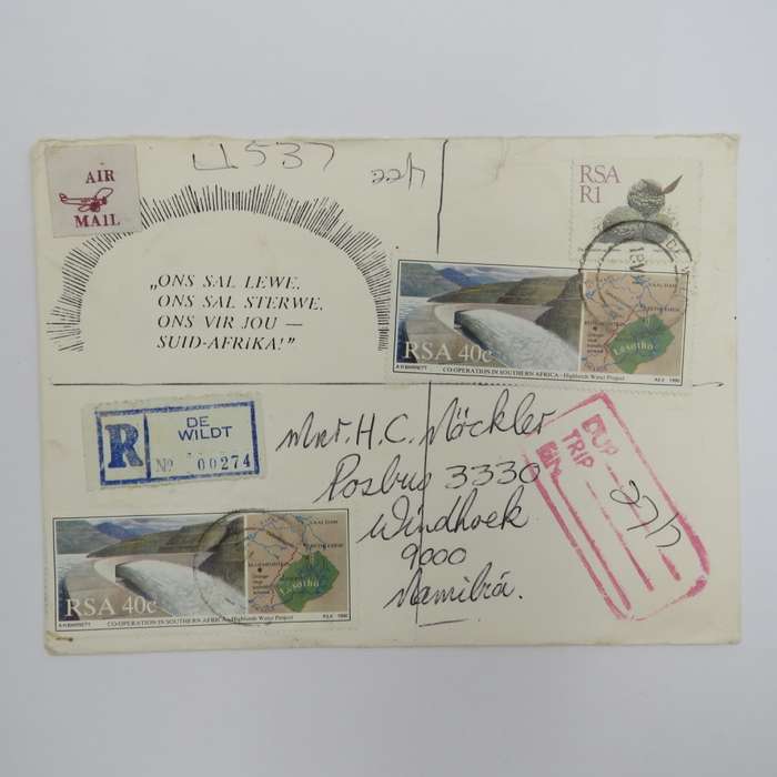 Registered airmail send from De Wildt, South Africa to Windhoek Namibia on special envelope 18-12-19