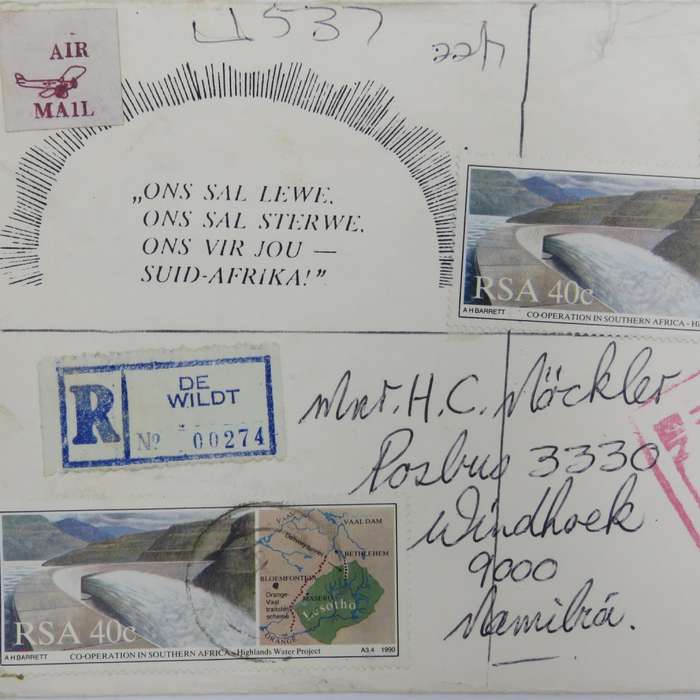 Registered airmail send from De Wildt, South Africa to Windhoek Namibia on special envelope 18-12-19