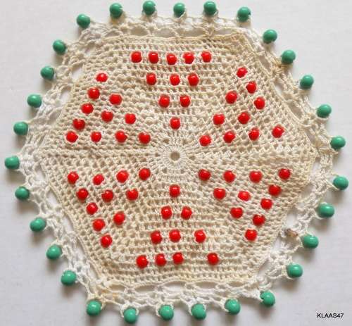 Crochet beaded doilie - milk jug- sugar bowl cover - Red and Green beads - 15cm Diameter