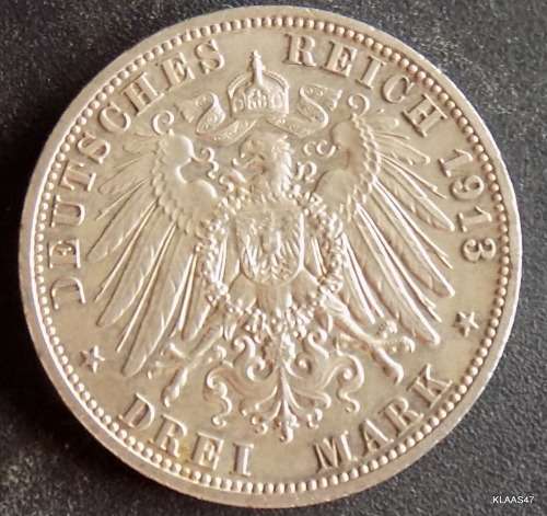 WILHELM II DEUTSCHER KAISER KONIG VON PREUSSEN - DREI MARK 1913 A
