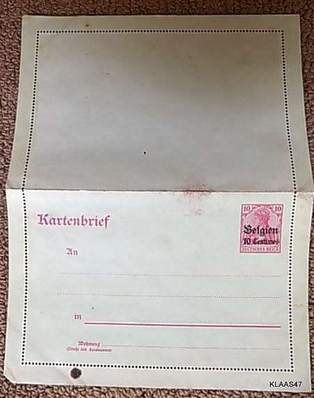 Pre-printed Unused Kartenbrief - 10 Mark (Deutsches Reich) stamp overprinted Belgien 10 Centimes