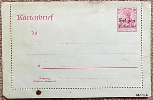 Pre-printed Unused Kartenbrief - 10 Mark (Deutsches Reich) stamp overprinted Belgien 10 Centimes