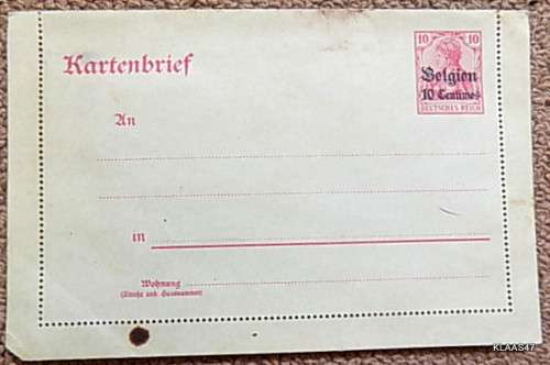 Pre-printed Unused Kartenbrief - 10 Mark (Deutsches Reich) stamp overprinted Belgien 10 Centimes