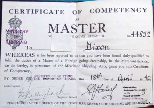 Certificate of Competency - Master (Steamship) - Dated 1940 - Issued at Newcastle-Upon-Tyne