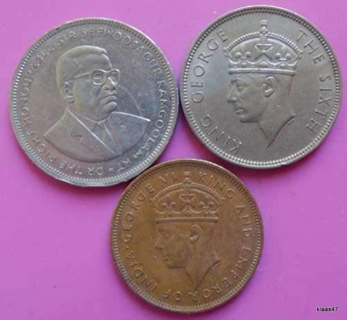 Mauritius - George VI - 5c 1945 (Bronze), 1 Rupee 1951 (Copper-nickel) + 5 Rupees 1991 (Copper-nicke