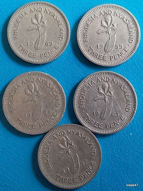 Rhodesia and Nyasaland  - Three Pence x 5 - 1955/57/62/63/64 - Copper-nickel