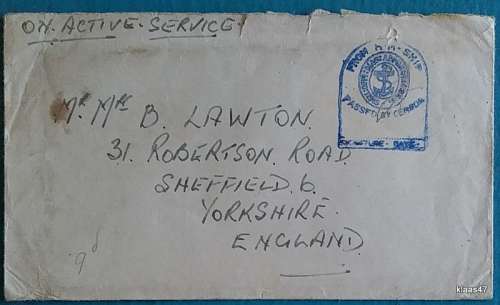 On Active Service - From H.M. Ship Cachet - Blue Tombstone Censor Cachet