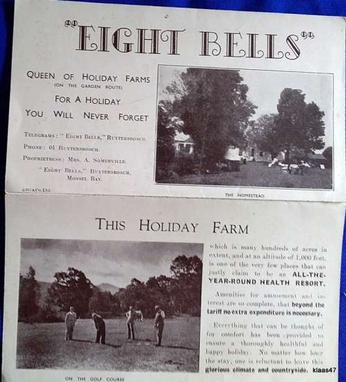 Eight Bells - Queen of Holiday Farms - Vintage Advertising Brochure (Prices pre decimal) Mossel Bay