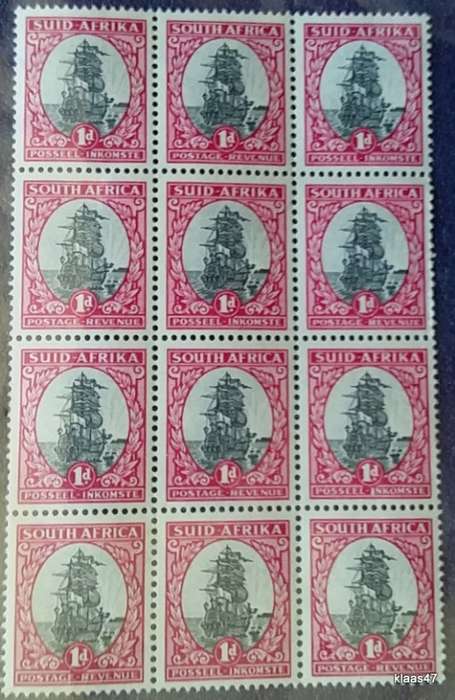 Union of South Africa - 1d Ships - Hyphenated - Block of 12 Unused stamps