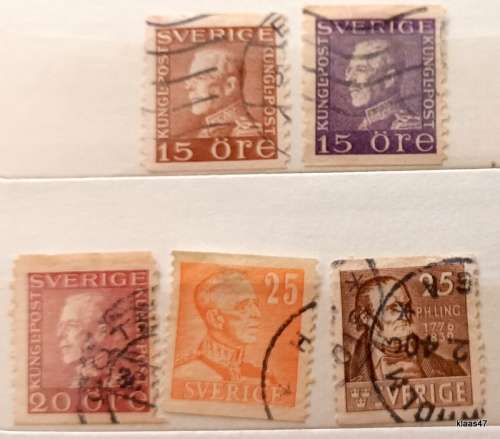 Sweden - 1922 and 1939  King Gustaf V Definitives - 1939 P H Ling - 5 Used Hinged stamps