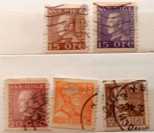 Sweden - 1922 and 1939  King Gustaf V Definitives - 1939 P H Ling - 5 Used Hinged stamps