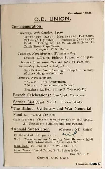 OD Union - 1949 - Commemoration Program Post Card - Celebrations 29th Oct - 6th Nov