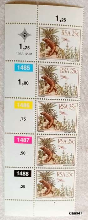 RSA - 1982 - Prehistoric Animals - Set of 4 Control Strips of 5 each (Mint)